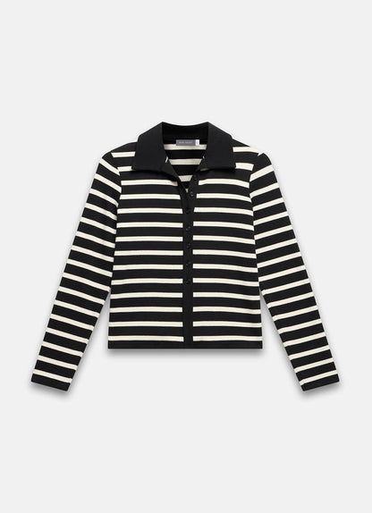 Black Cotton Striped Polo Collar Top