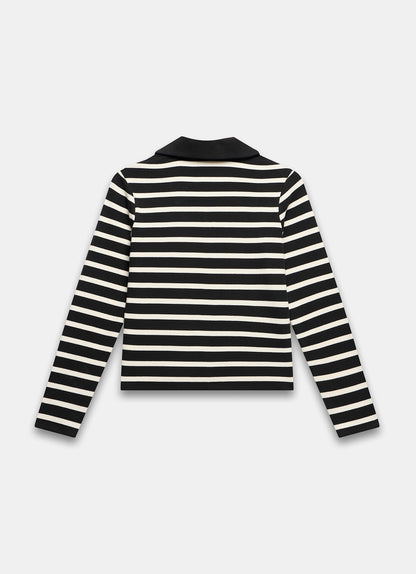 Black Cotton Striped Polo Collar Top