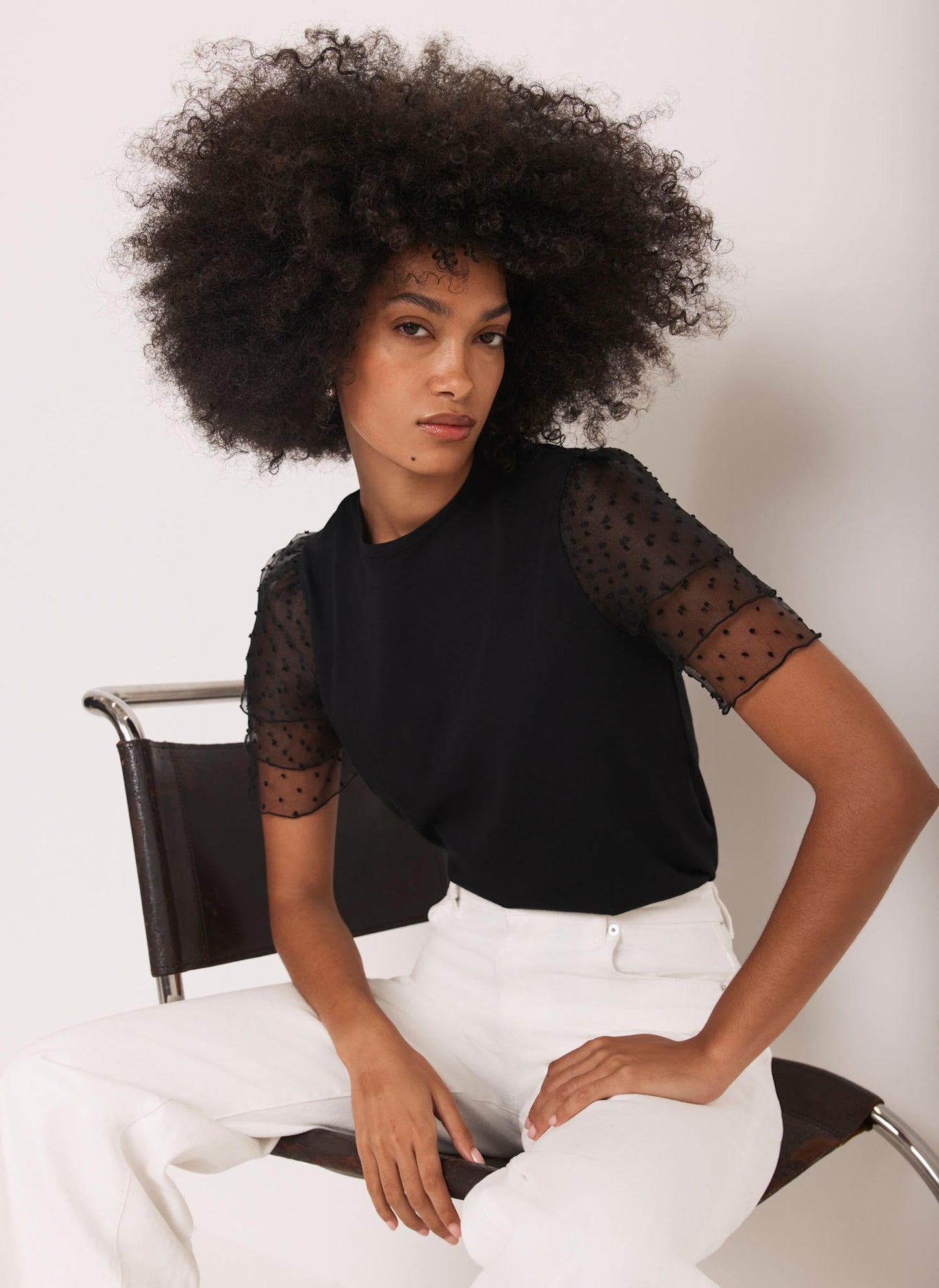 Black Cotton Tulle Sleeve T-Shirt