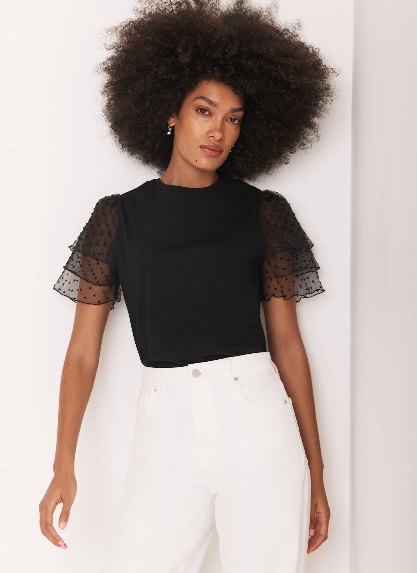 Black Cotton Tulle Sleeve T-Shirt