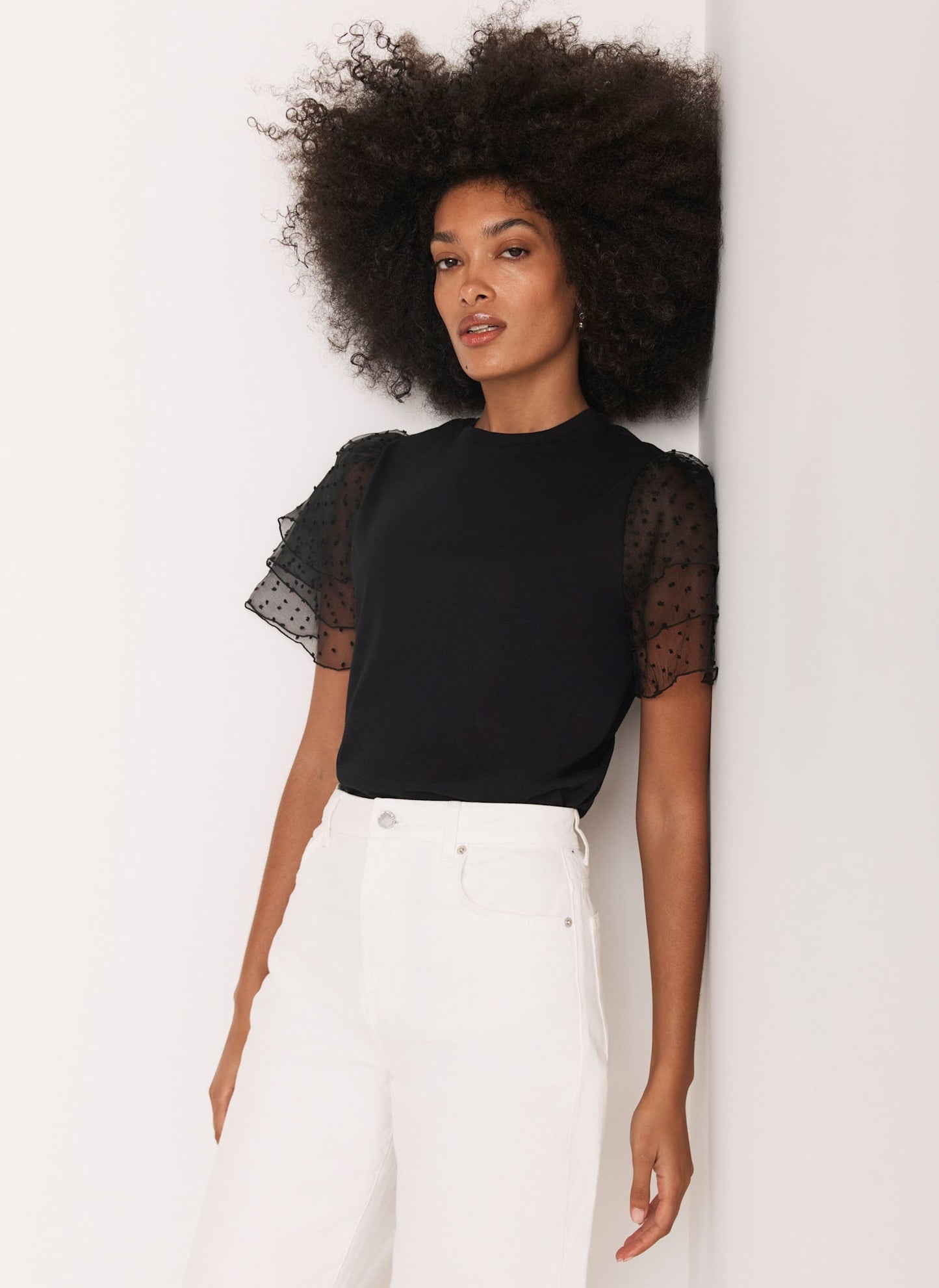 Black Cotton Tulle Sleeve T-Shirt