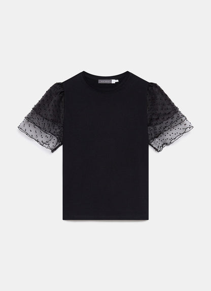 Black Cotton Tulle Sleeve T-Shirt