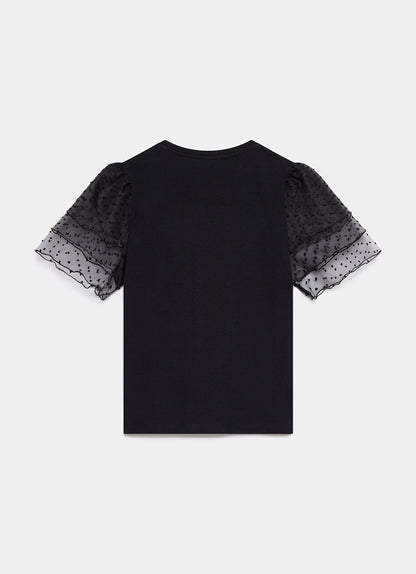 Black Cotton Tulle Sleeve T-Shirt