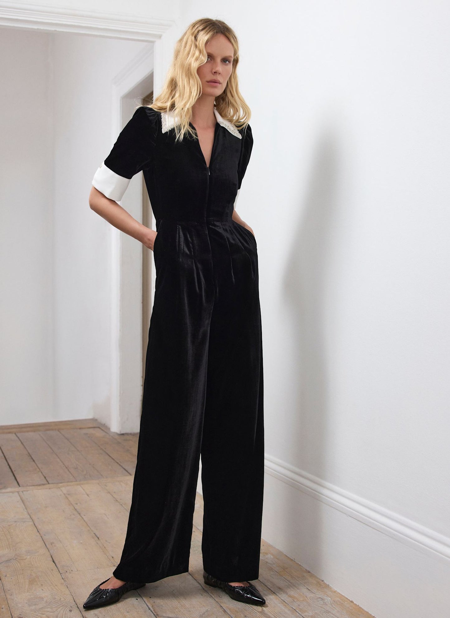 Black Velvet Embellished Collar Jumpsuit