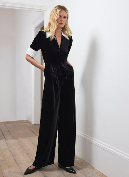 Black Velvet Embellished Collar Jumpsuit