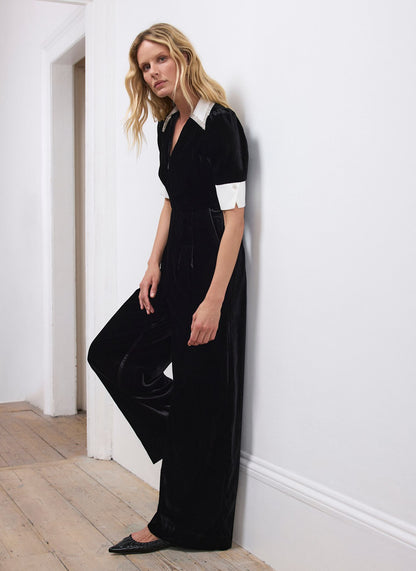 Black Velvet Embellished Collar Jumpsuit