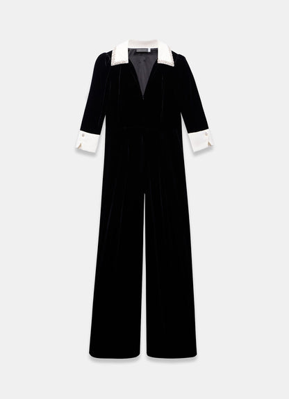 Black Velvet Embellished Collar Jumpsuit