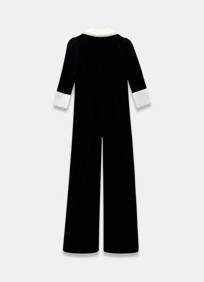 Black Velvet Embellished Collar Jumpsuit