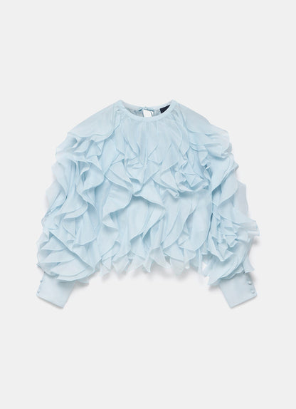 Blue Organza Ruffle Blouse