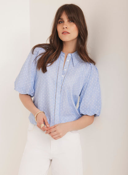 Blue Stripe Polka Heart Puff Sleeve Shirt