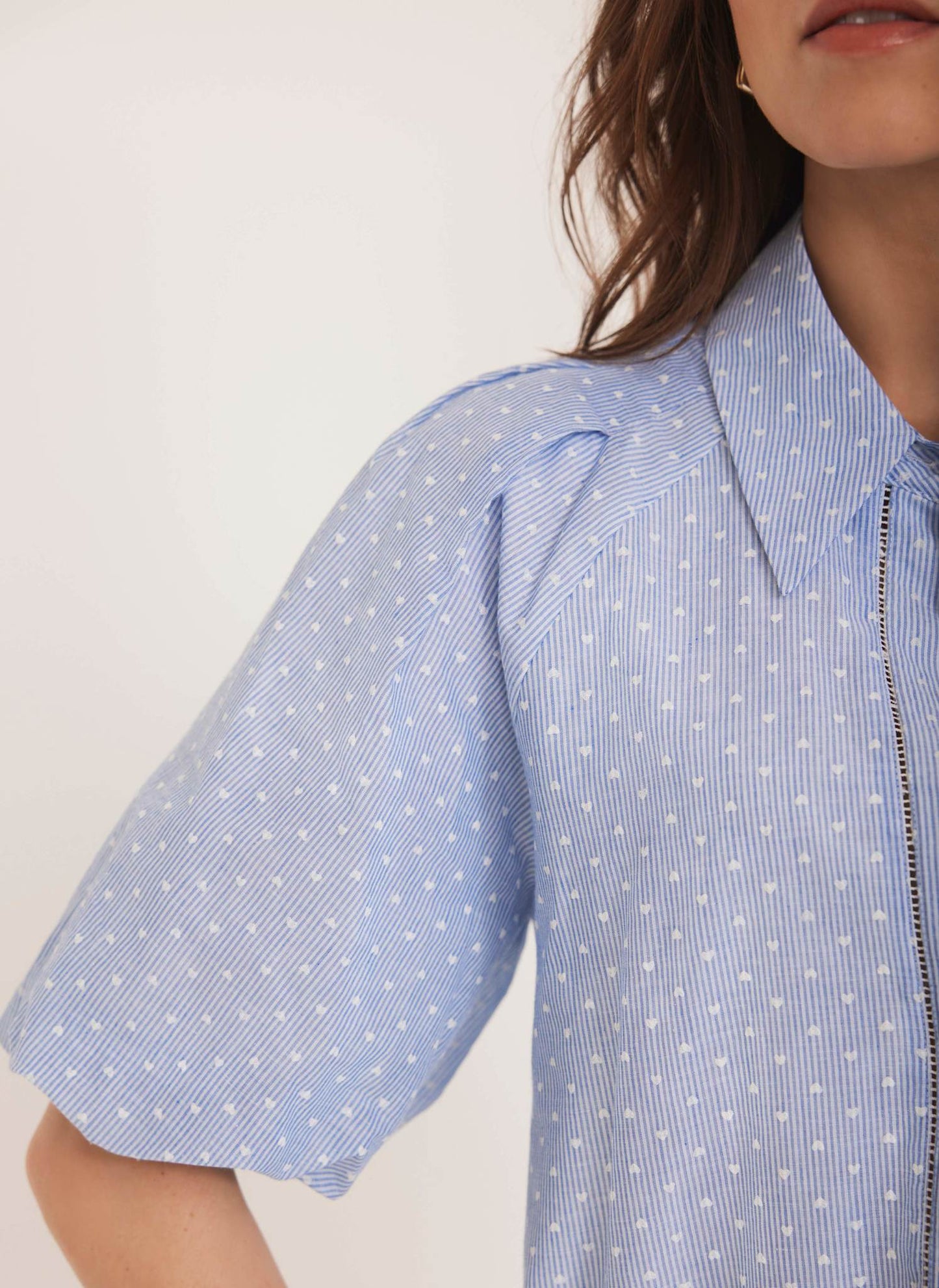 Blue Stripe Polka Heart Puff Sleeve Shirt
