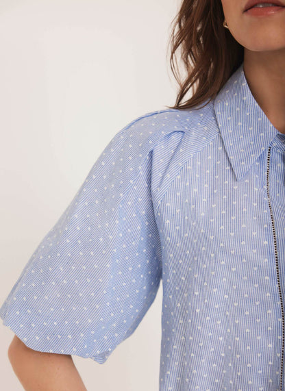 Blue Stripe Polka Heart Puff Sleeve Shirt