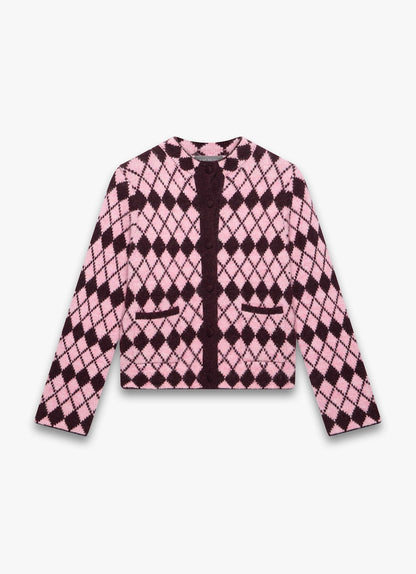 Burgundy Wool Blend Argyle Knit Cardigan