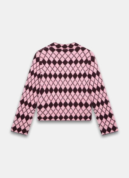 Burgundy Wool Blend Argyle Knit Cardigan