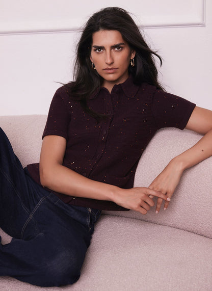 Burgundy Sequin Cotton Blend Cardigan