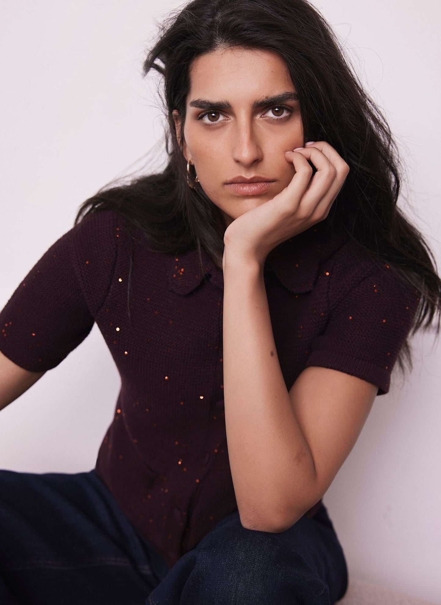 Burgundy Sequin Cotton Blend Cardigan