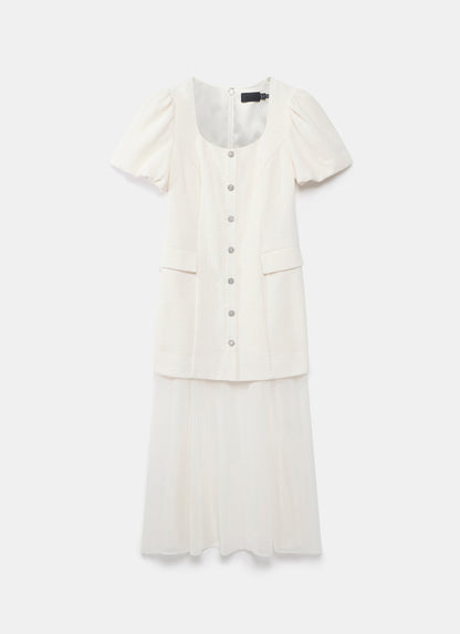 Cream Boucle Sheer Hem Maxi Dress