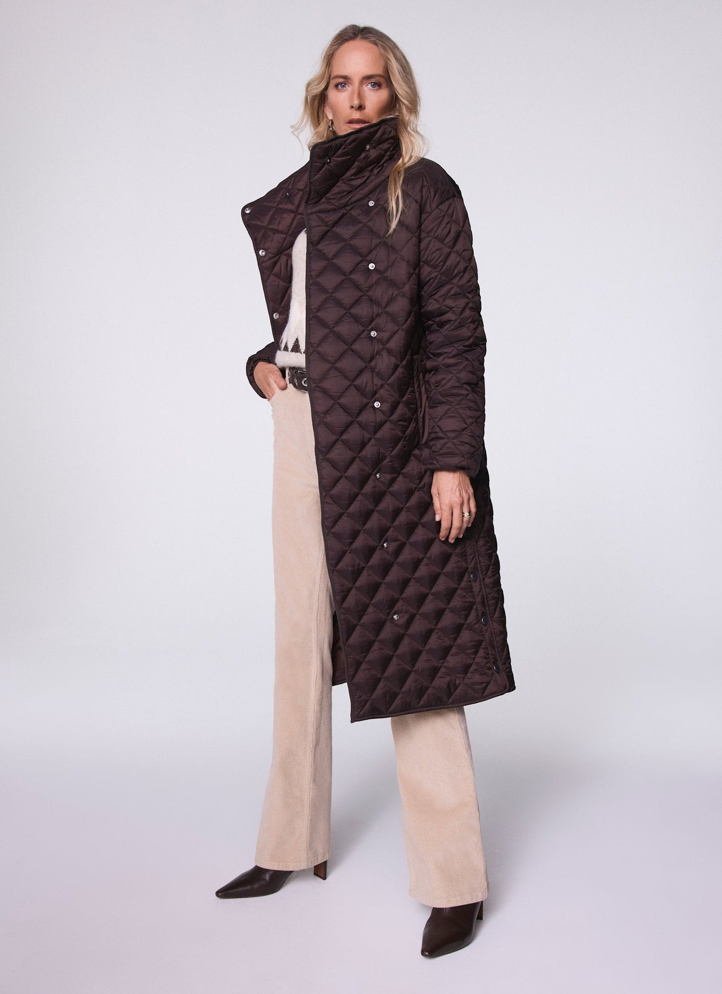 Brown Quilted Funnel Neck Coat