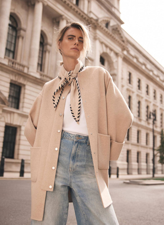 Neutral Wool Blend Hand Finished Collarless Coat