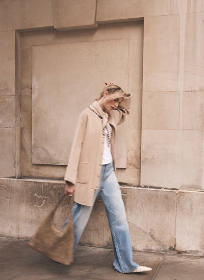 Neutral Wool Blend Hand Finished Collarless Coat