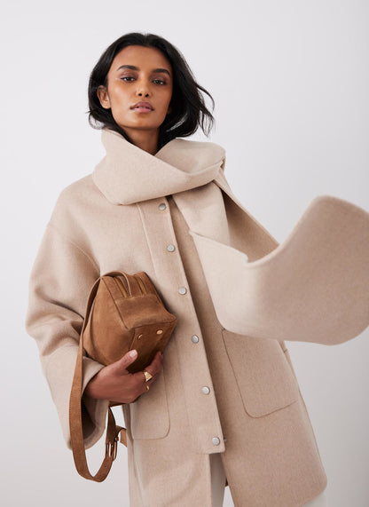 Neutral Wool Blend Hand Finished Collarless Coat