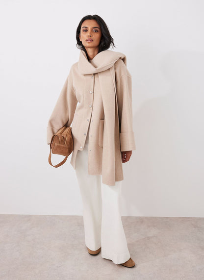 Neutral Wool Blend Hand Finished Collarless Coat