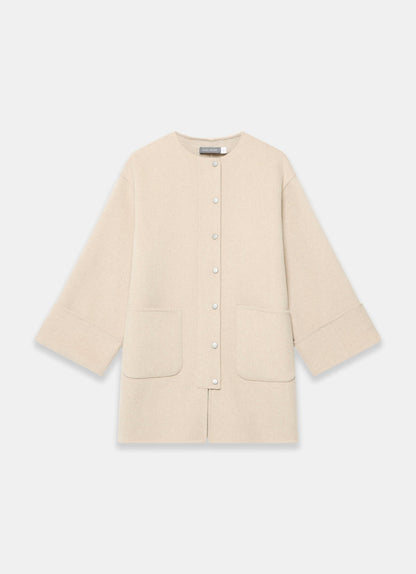 Neutral Wool Blend Hand Finished Collarless Coat