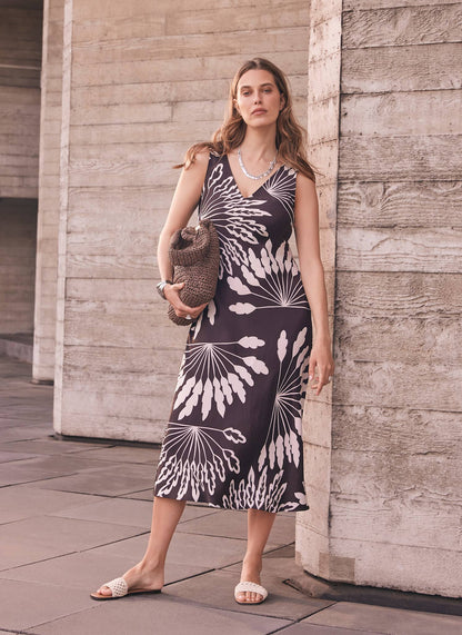 Brown Palm Print Midi Dress