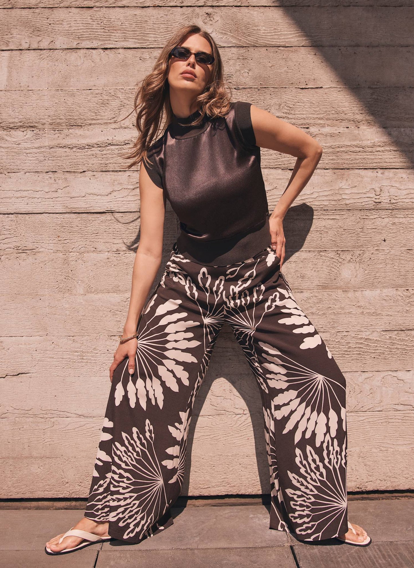 Brown Palm Print Wide Trousers