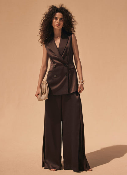 Brown Satin Side Pleat Wide Trousers