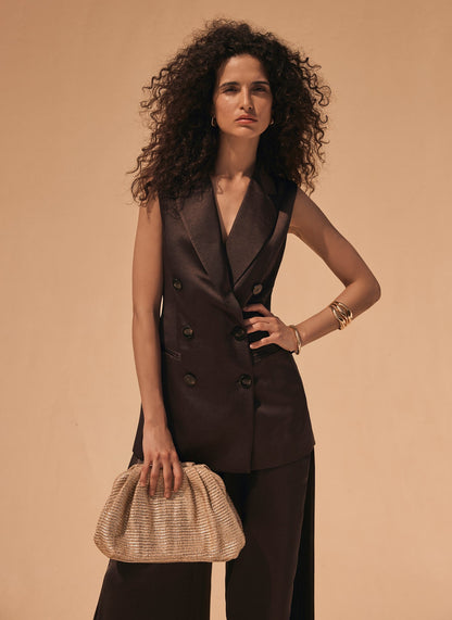 Brown Satin Wrap Longline Waistcoat