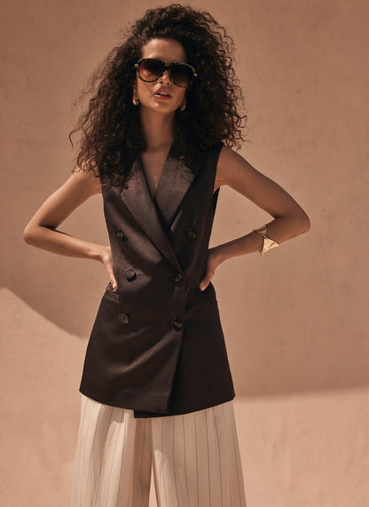 Brown Satin Wrap Longline Waistcoat