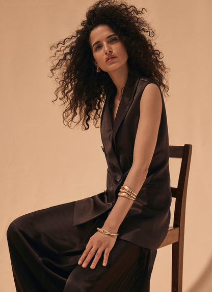 Brown Satin Wrap Longline Waistcoat