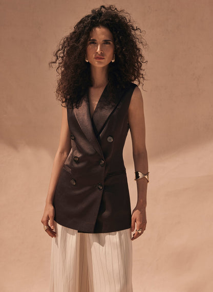 Brown Satin Wrap Longline Waistcoat