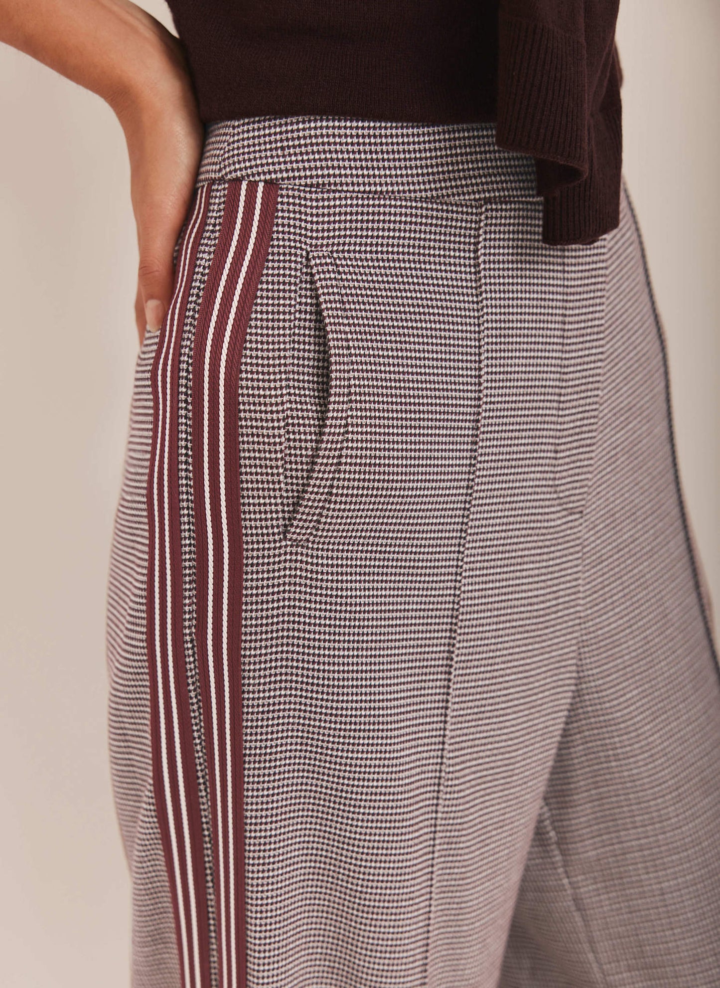 Burgundy Checked Side Stripe Wide Trousers
