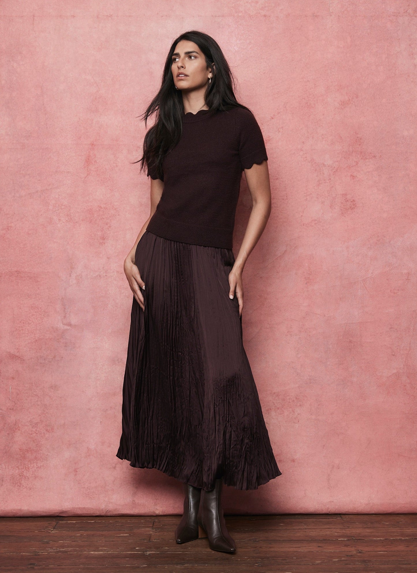 Burgundy Crinkle Textured Maxi Skirt