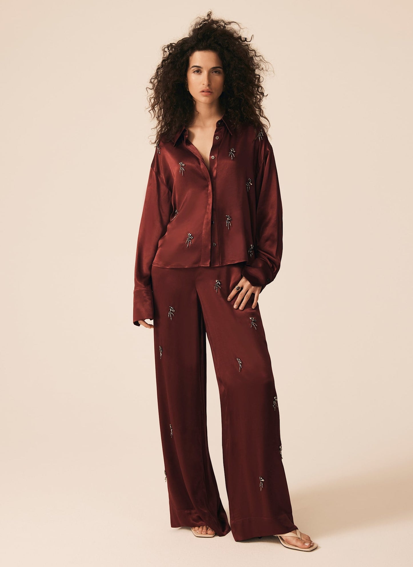 Burgundy Satin Embellished Wide Trousers