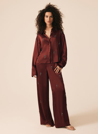 Burgundy Satin Embellished Wide Trousers