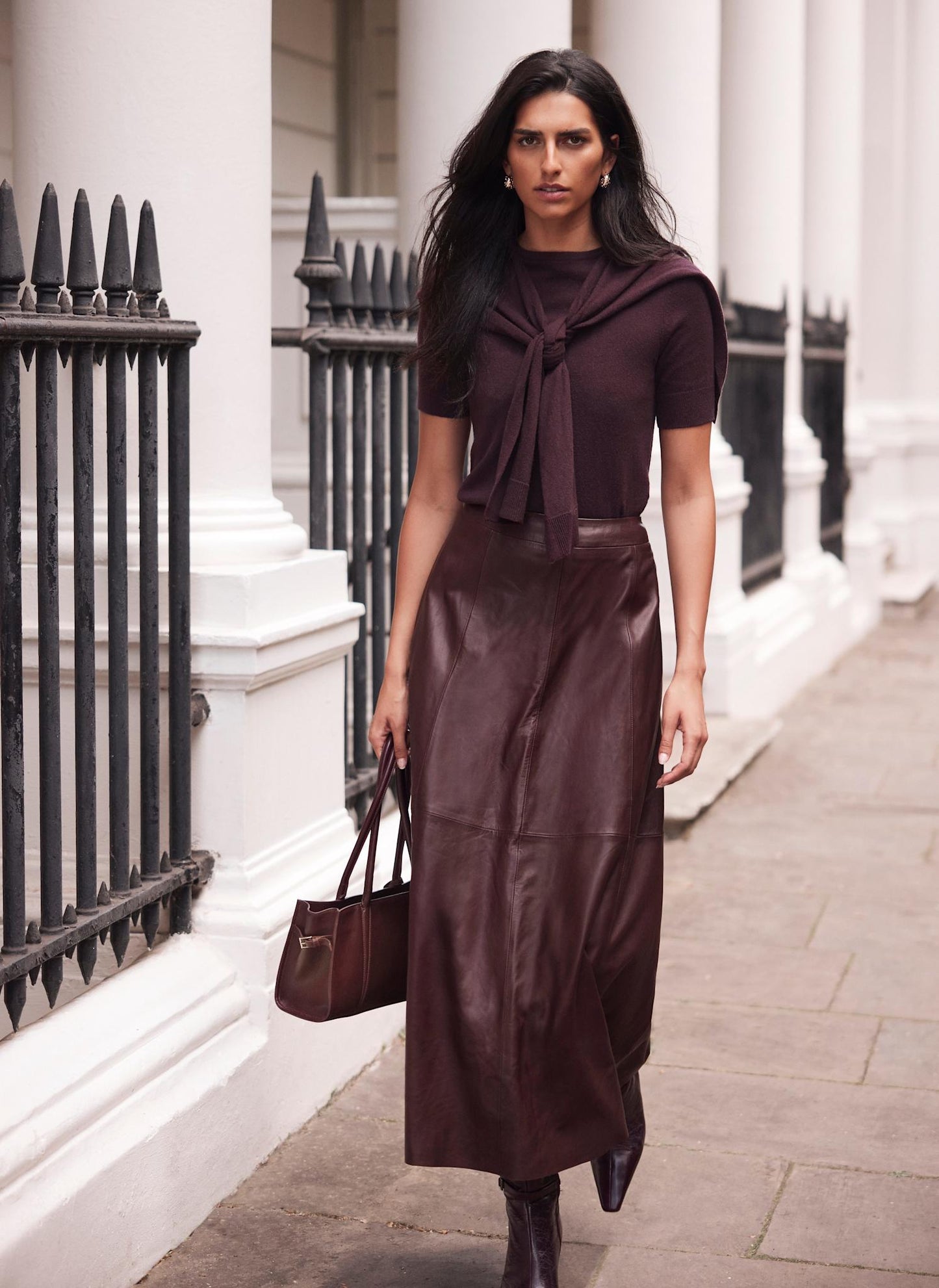 Burgundy Leather Midi Skirt