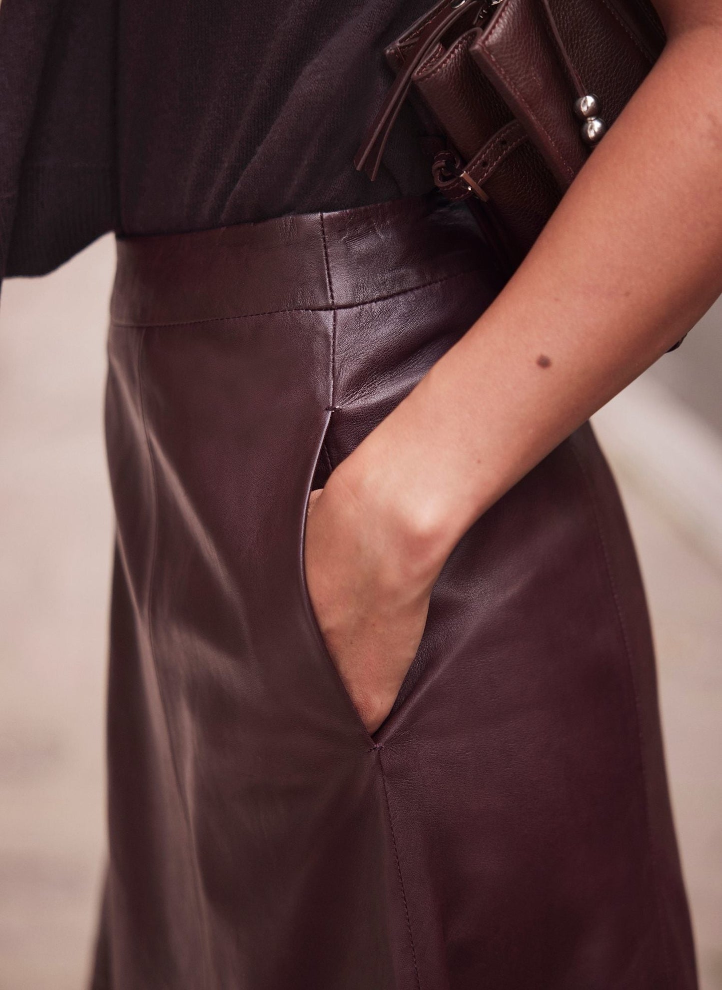 Burgundy Leather Midi Skirt