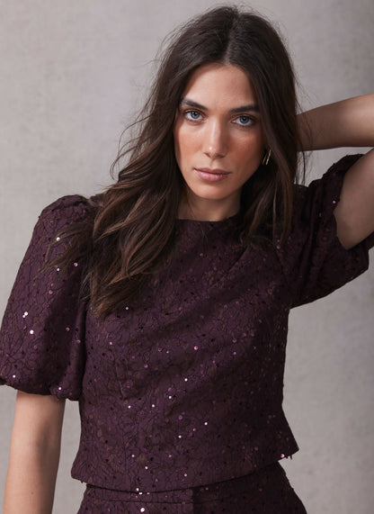 Burgundy Sequin Lace Puff Sleeve Top