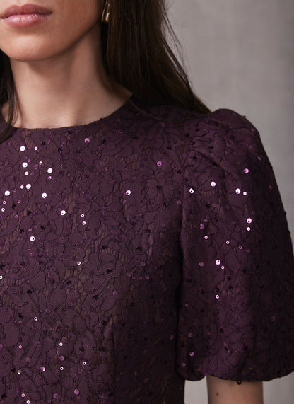 Burgundy Sequin Lace Puff Sleeve Top
