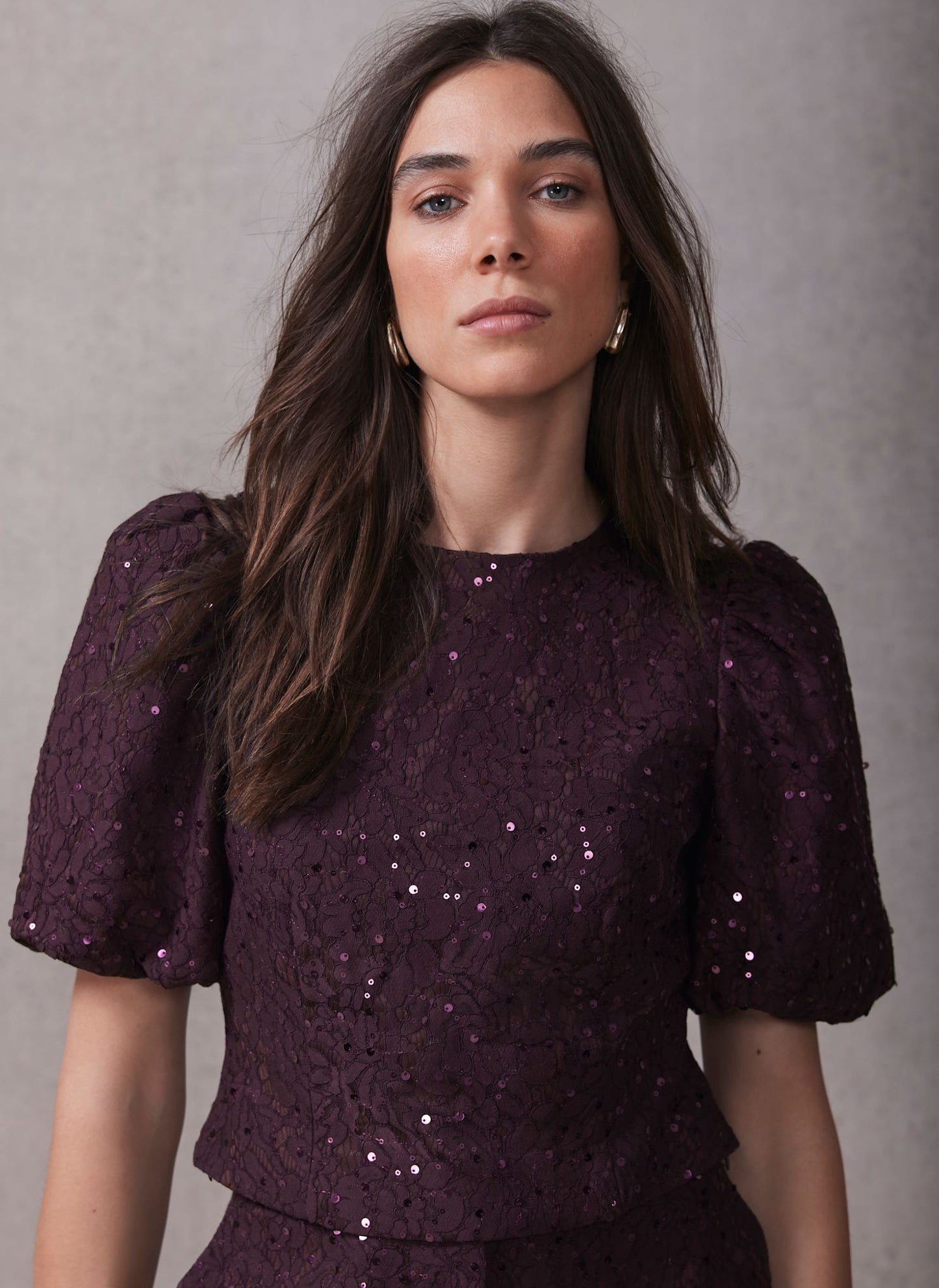 Burgundy Sequin Lace Puff Sleeve Top