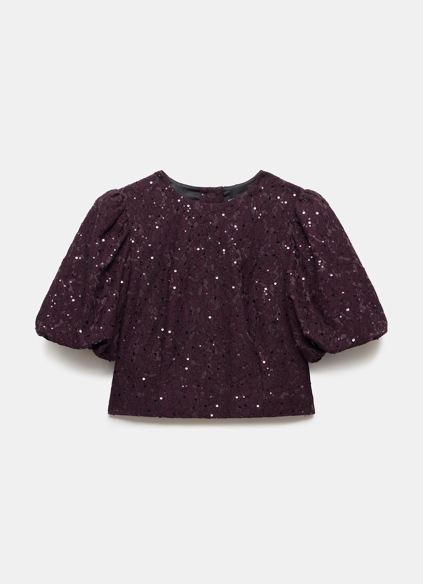 Burgundy Sequin Lace Puff Sleeve Top