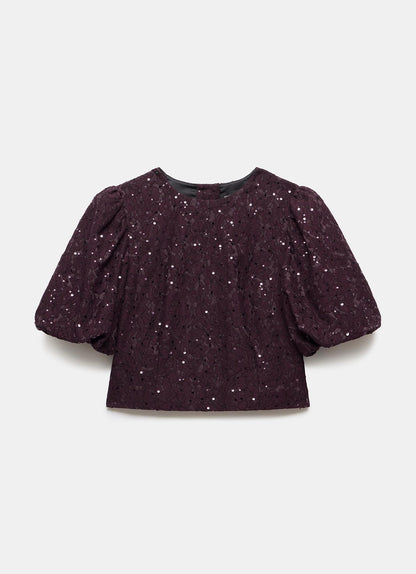 Burgundy Sequin Lace Puff Sleeve Top