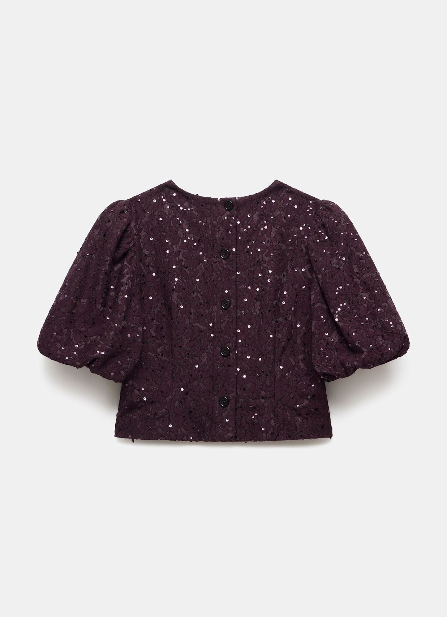 Burgundy Sequin Lace Puff Sleeve Top