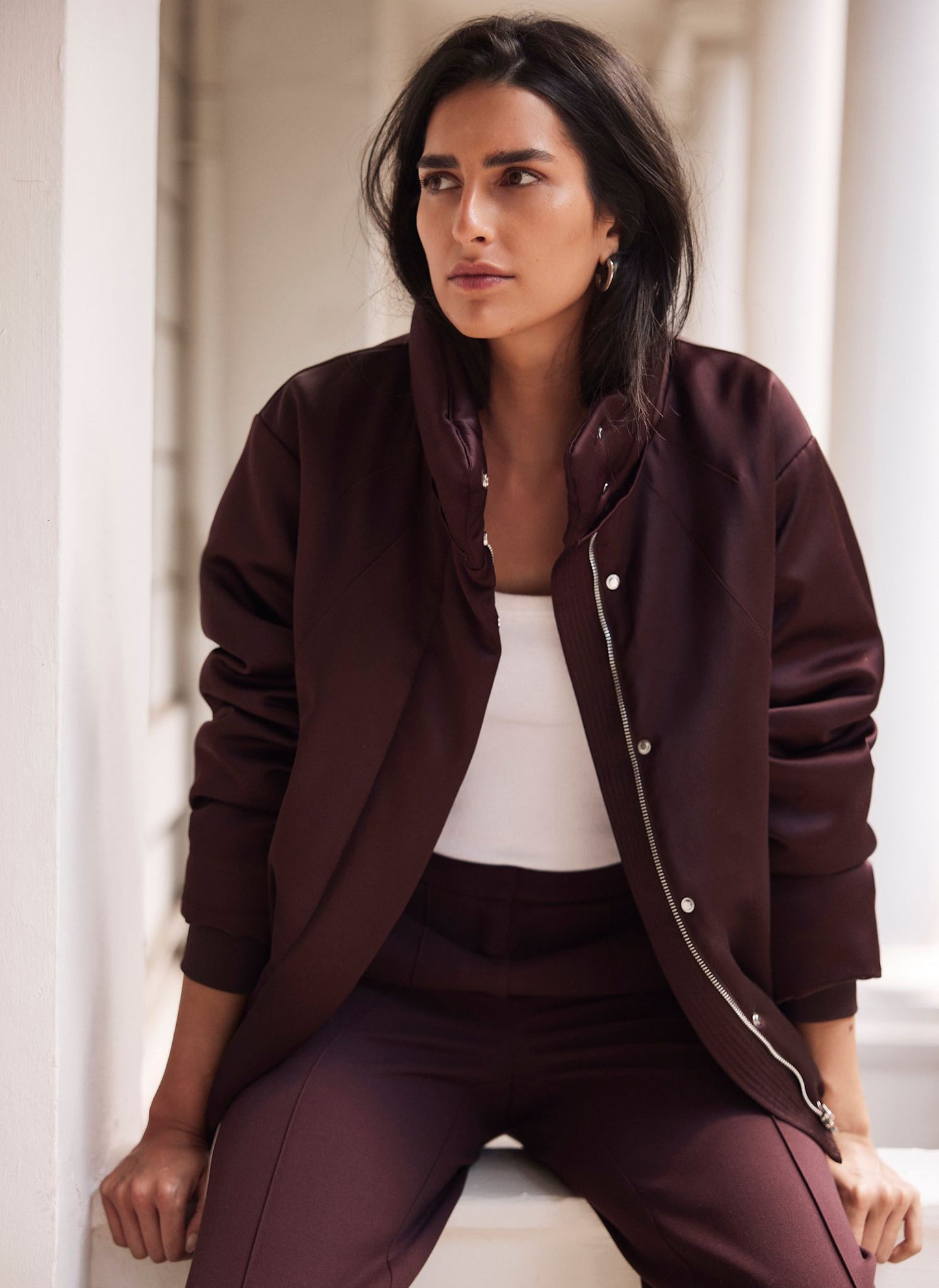 Burgundy Satin Bomber Jacket