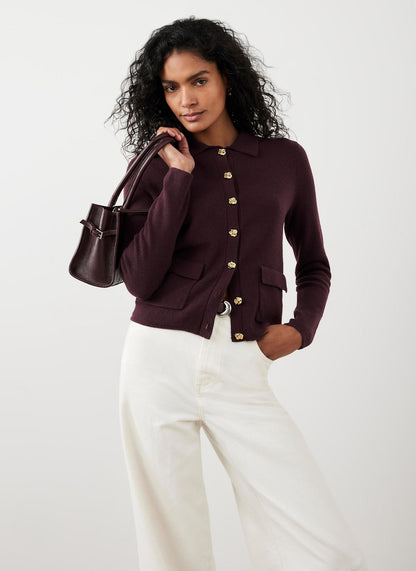 Burgundy Cotton Blend Collar Cardigan