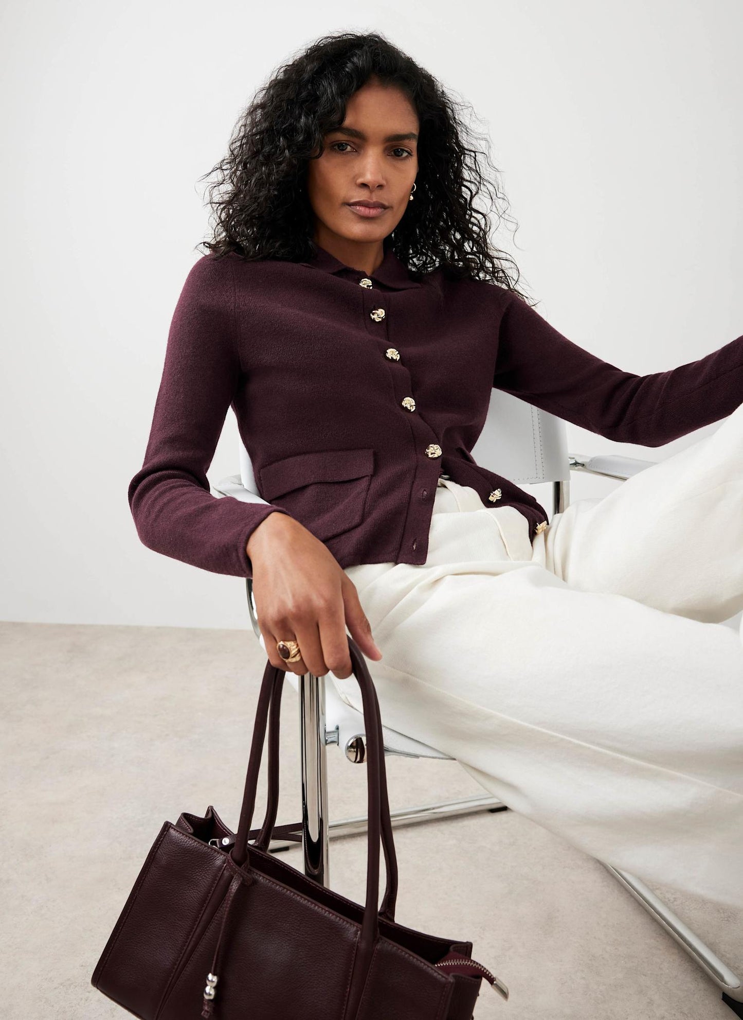 Burgundy Cotton Blend Collar Cardigan