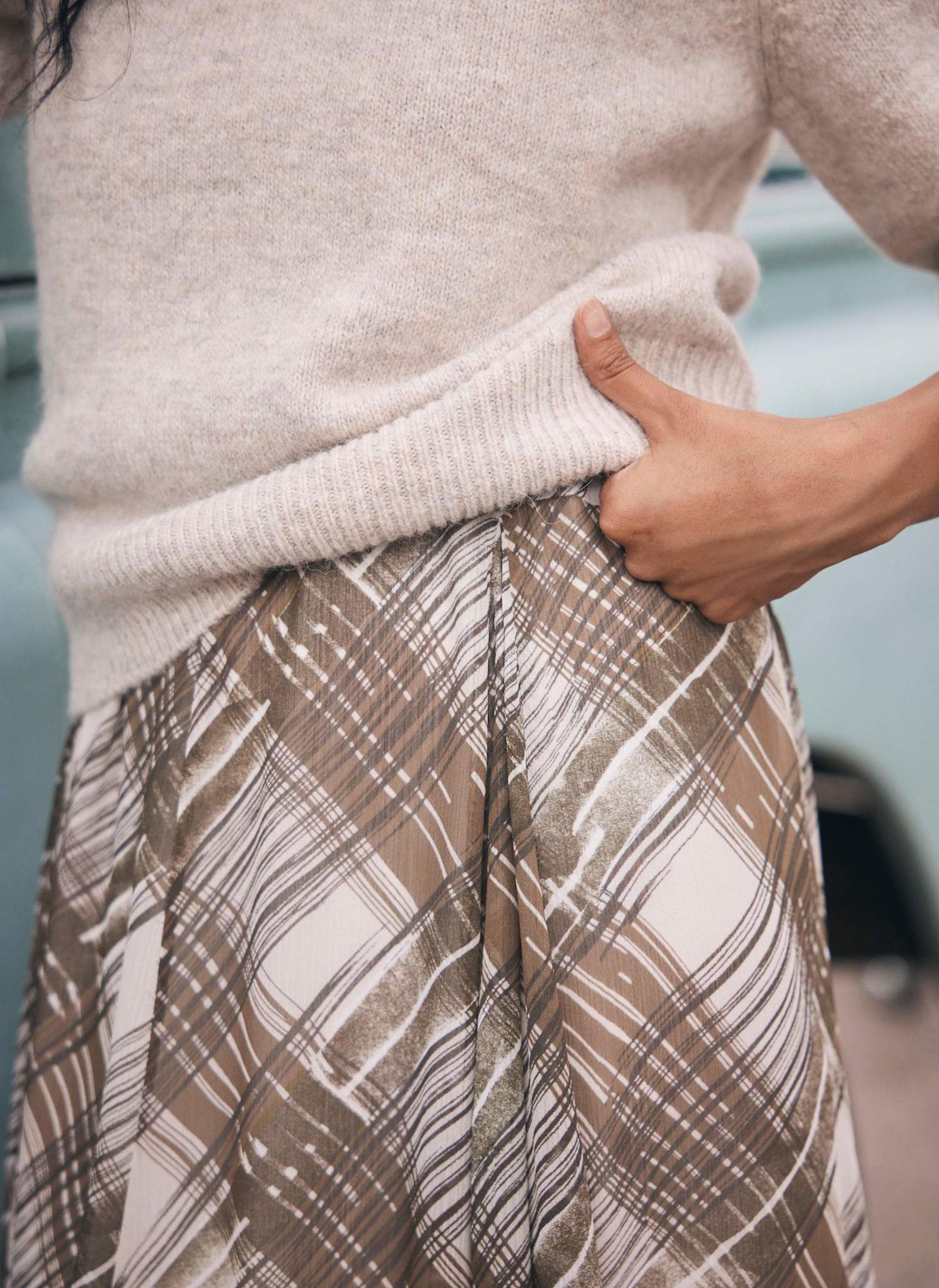 Brown Layered Knit Checked Print Midi Dress